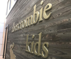 Entrance signage reading 'abercrombie kids' on a wood-paneled wall with a deer logo at the bottom left.