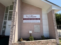 Front exterior of a brick church displaying a sign with contact details, service times, and address: 3103 Chickering St., Houston, TX 77026.