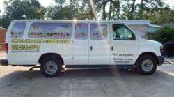 A white van with "Dimples Child Care & Learning Center" graphics and contact information is parked outdoors. The text indicates care for infants to 12-year-olds, NCI accepted, Monday-Friday, 6am-6:30pm.